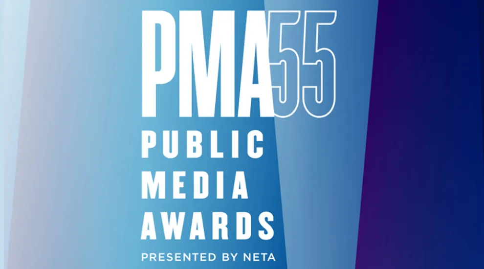 Public media awards written with geometric blue background