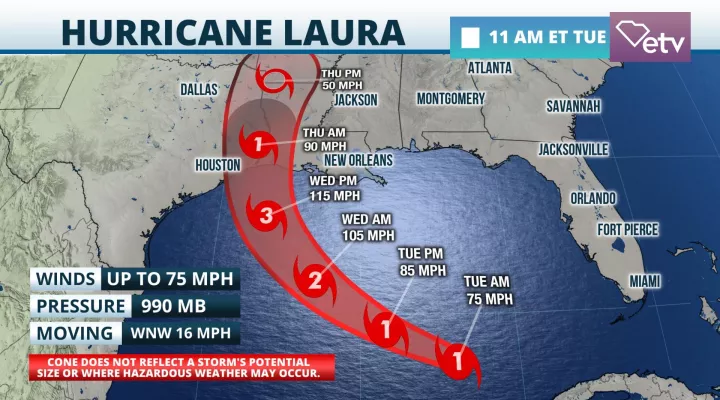 Hurricane Laura's forecast track, 11 AM Tuesday
