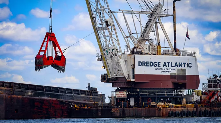 Dredging of Charleston Harbor to 52 feet, the deepest on the East Coast, continues.