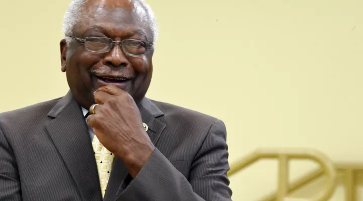 U.S. House Majority Whip Jim Clyburn waits to speak at a town hall meeting in his district on Wednesday, July 14, 2021, in Hopkins, S.C. (AP Photo/Meg Kinnard)