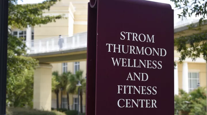 FILE - In this Aug. 20, 2020, file photo, a sign advertises the Strom Thurmond Wellness and Fitness Center in Columbia, S.C. University officials have said they won’t ask the Legislature to change building names but instead will concentrate on honoring deserving people on new buildings. (AP Photo/Meg Kinnard, File)