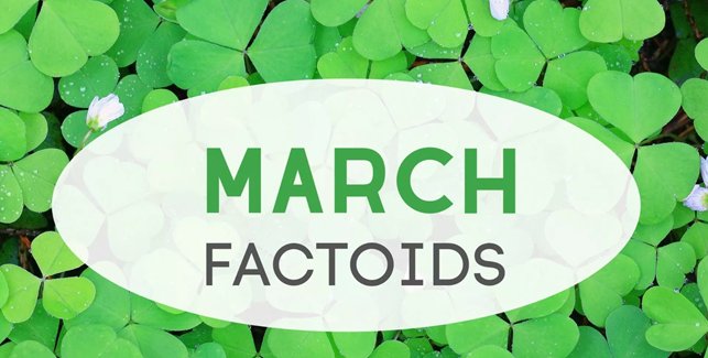 graphic showing the words 'March factoids' set in front of a green clovers