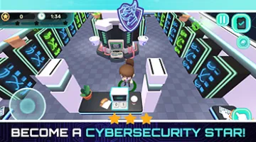 graphic with the words "Become a Cybersecurity Star!" and a room scene with many computer servers