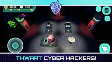 graphic showing a game screen and the words "Thwart Cyber Hackers!"