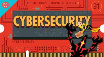 graphic showing the word 'Cybersecurity' in front of a computer design background