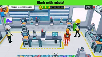 graphic showing a technical production work scene with people and robots and the words "Work with robots!"