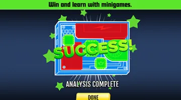 graphic showing the words "Win and learn with minigames" with a background showing stars and the word 'success'