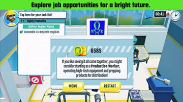 graphic showing the words "Explore job opportunities for a brighter future." and a work game format in the background