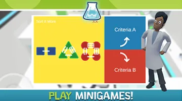 graphic showing a lab worker and a game screen and the words "Play Minigames"