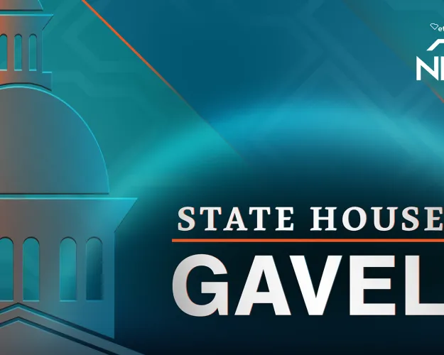 artwork that includes the words state house gavel with an image of the state house in the background