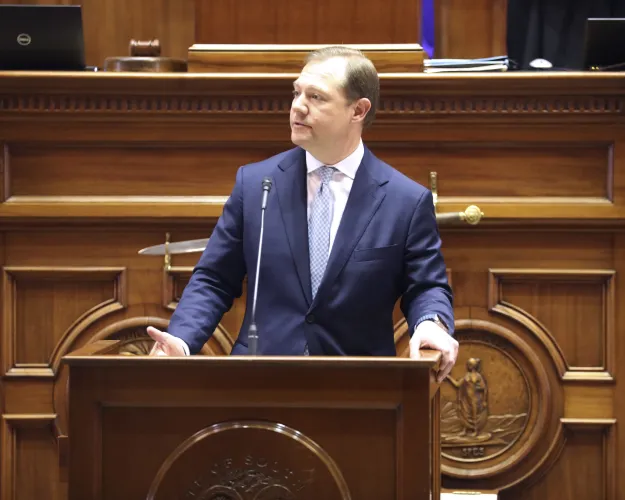 South Carolina Sen. Wes Climer, R-Rock Hill, speaks in favor of a bill to change how judges are brought up for election on Thursday, March 14, 2024, in Columbia, S.C. (AP Photo/Jeffrey Collins)