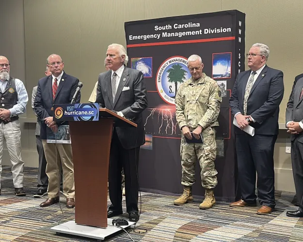 Gov. Henry McMaster speaking at the 2025 Hurricane Tabletop Exercise alongside members of his cabinet.