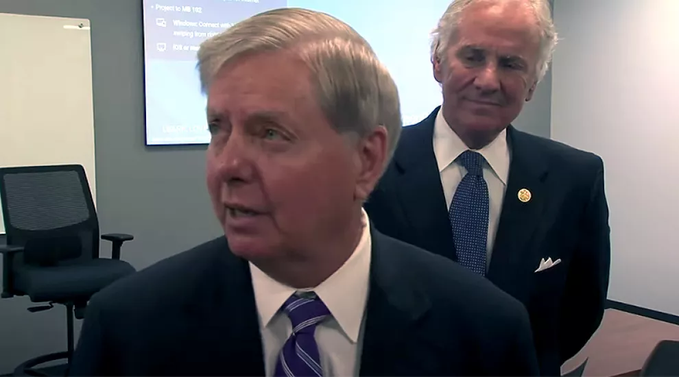 Sen. Lindsey Graham (R-SC) and Gov. Henry McMaster speak to the press at Bob Jones University in Greenville on August 10, 2020. 