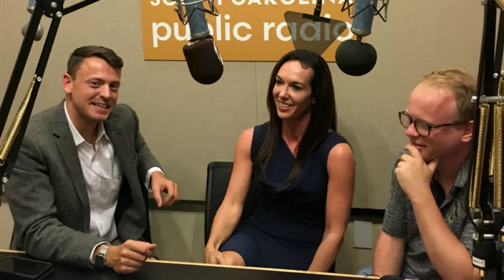 Gavin Jackson (l) speaks with Meg Kinnard and Jamie Lovegrove (r) in the SC Public Radio studios on Friday, May 25, 2018.