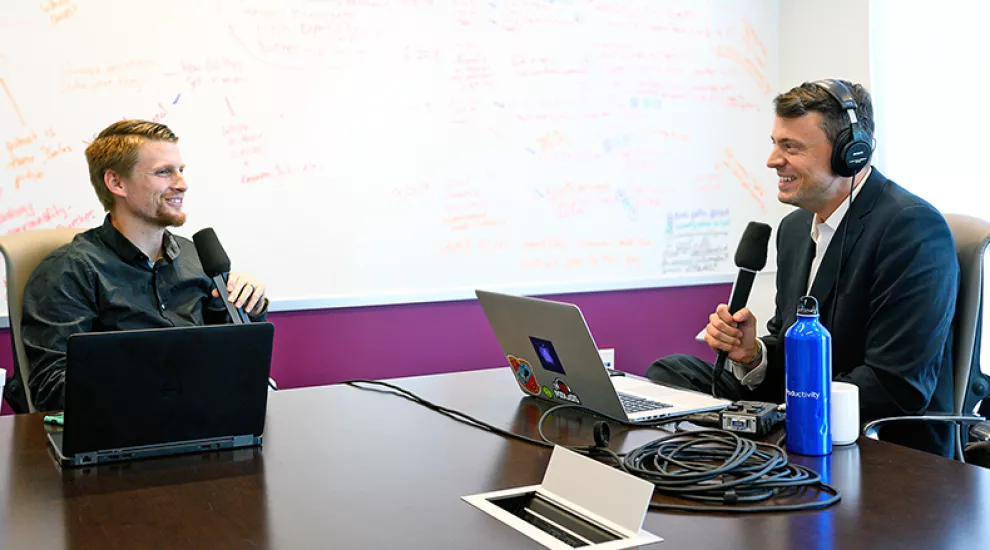 Gavin Jackson (r) speaks with Daniel Gross in the Greenville News offices on Friday, October 4, 2019.