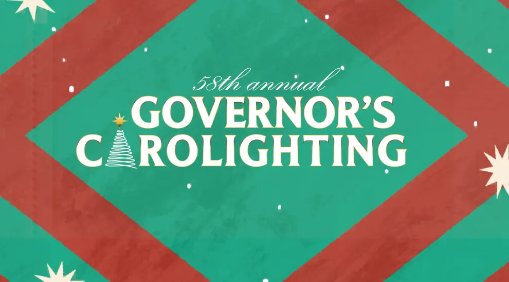 red and green background with 58th annual governor's carolighting text