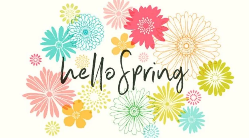 graphic of colorful flowers and the words "Hello spring"