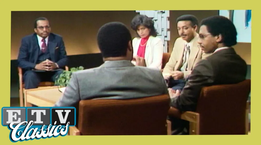 A group of African American scholars with host Bill Terrell and Adrienne Hayes