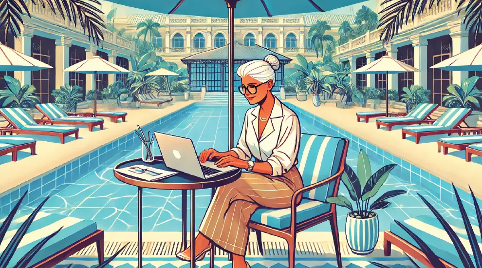 graphic showing an older woman sitting at a table using a laptop poolside at an elegant hotel