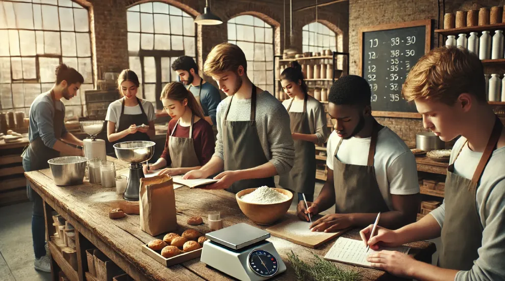 photo of several teen students with notepads and pen at a long baking table with supplies and measuring units