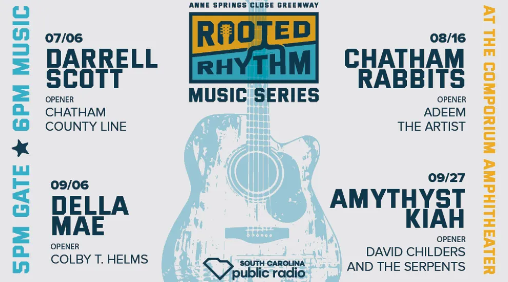 image of concert series dates and information with rooted rhythm logo and sc public radio logo
