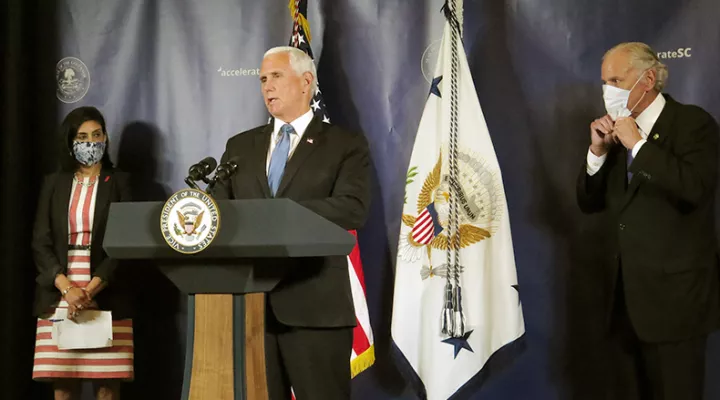 Vice President Mike Pence participates in a media briefing at the USC Alumni Center on July 21, 2020.