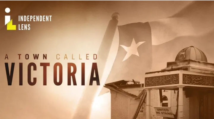 film title with Texas flag and dilapidated house in the background