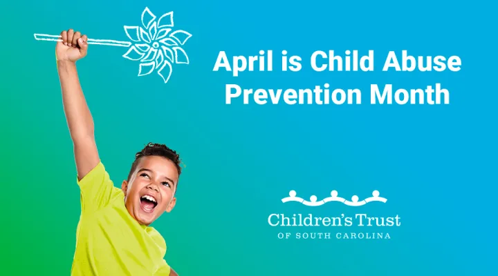graphic showing a child holding a pinwheel and the words 'April is Child Abuse Prevention Month'