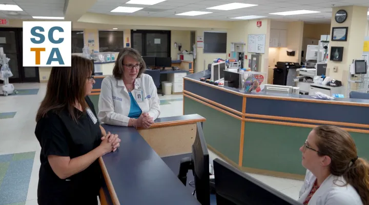 Lee Hunter, from left, Tallulah F. Holmstrom, and Emily Huggins talk in the Intensive Care Unit at Kershaw Medical Center in Camden, South Carolina. 