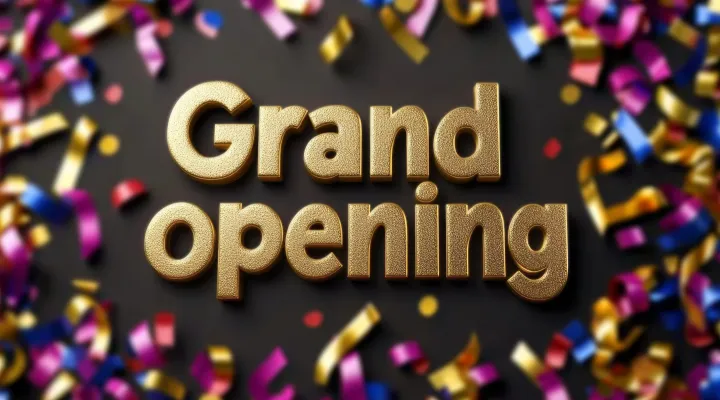 graphic showing the words 'Grand opening' set on a festive background