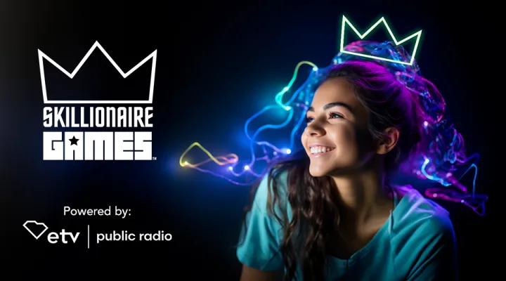 graphic showing picture of a young smiling girl with a graphic swirl design and crown above her head  with the words  Skillionaire Games and the SCETV logo