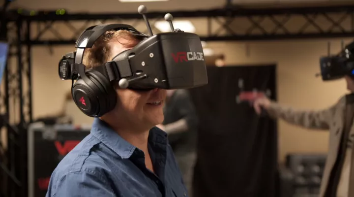 Host Gabriel McCauley wearing VR goggles