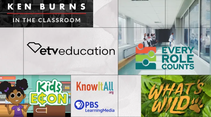 graphic showing logos for ETV Education, KnowItAll, PBS LearningMedia and various resource series showed on the sites