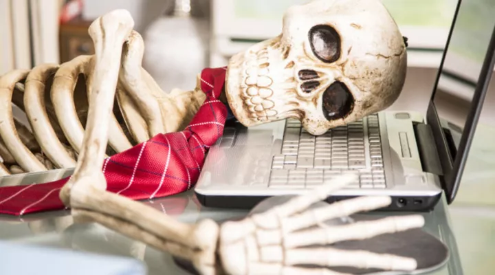 image of skeleton with head on laptop