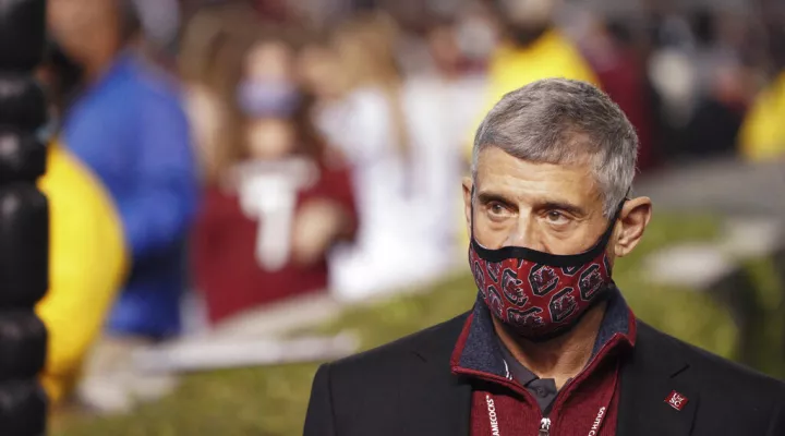 Robert Calsen walks on the sideline before of an NCAA college football game against Missouri Saturday, Nov. 21, 2020, in Columbia, S.C. (AP Photo/Sean Rayford)