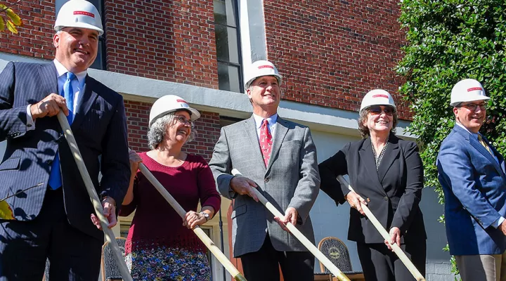 The dedication ceremony for the new Chandler Center for Environmental Studies at Wofford College. From left, Corry Oakes, chair of Wofford College Board of Trustees; Dr. Kaye Savage, professor and chair of the Department of Environmental Studies; J. Harold Chandler; Delores Chandler; Dr. Nayef Samhat, president of Wofford.&#13;2019-10-18