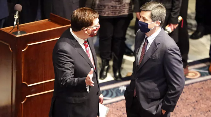 FILE - In this Jan. 27, 2021 file photo, South Carolina House Speaker Jay Lucas, left, and Senate Majority Leader Shane Massey, right, talk before a news conference in Columbia, S.C.  Lucas and Massey are both on a conference committee that will try to work on a compromise on a bill to reform state-owned utility Santee Cooper. (AP Photo/Jeffrey Collins, File).