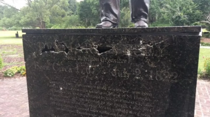  Mayor John Tecklenburg's office said police found “significant damage” to the granite pedestal of the Denmark Vesey monument in a Charleston park.