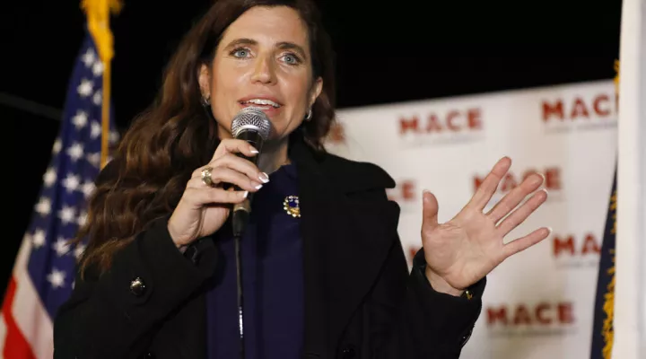 FILE - In this Nov. 3, 2020, file photo, Republican Nancy Mace talks to supporters during her election night party in Mount Pleasant, S.C. U.S. Rep. Nancy Mace on Tuesday, June 1, 2021, posted a video of obscenities that she said had been spray-painted on her Charleston-area home over the Memorial Day weekend. 