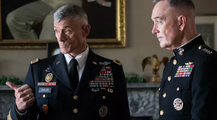  Then U.S. Army Lt. Gen. Robert Caslen, Superintendent of the U.S. Military Academy and then U.S. Marine Corps Gen. Joe Dunford, chairman of the Joint Chiefs of Staff, speak inside quarters 100, after the Academy's commencement ceremony May 26, 2018.