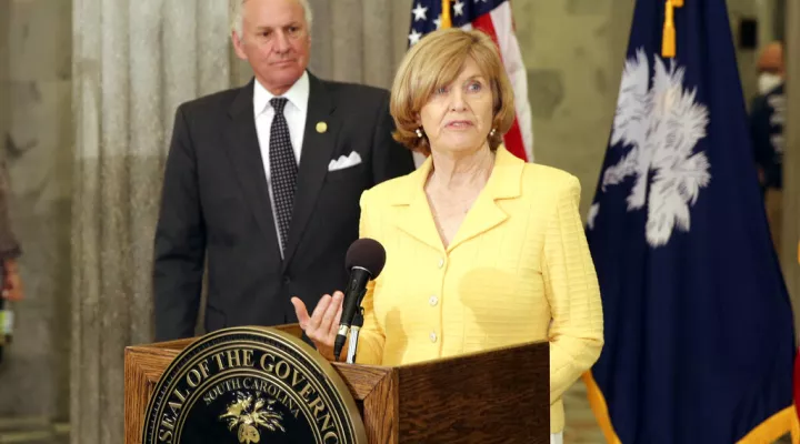 FILE - In this April 13, 2021, file photo, South Carolina Education Superintendent Molly Spearman speaks during a news conference as South Carolina Gov. Henry McMaster in Columbia, S.C. Spearman announced Wednesday, Oct. 27, 2021, that she will not run for a third term in 2022. (AP Photo/Jeffrey Collins, File)