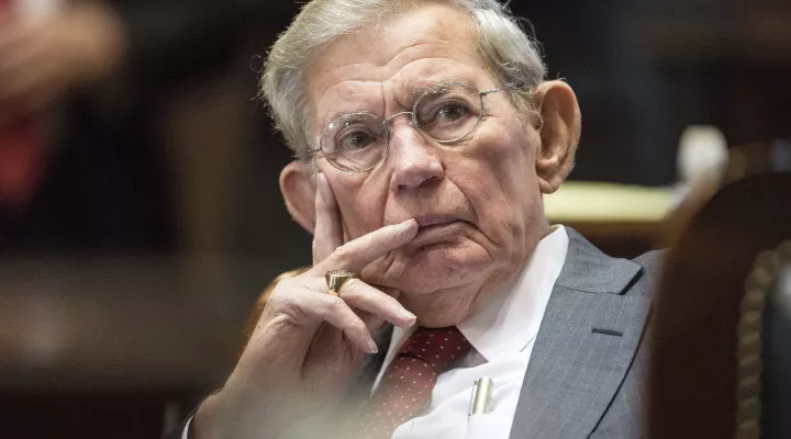 FILE - In this Tuesday, Jan. 10, 2017 file photo, Sen. Hugh Leatherman, R-Florence, listens to a speaker during the first day of legislative session at the South Carolina Statehouse in Columbia, S.C. State Sen. Hugh Leatherman, South Carolina's oldest and most powerful state lawmaker, is currently receiving hospice care after the discovery of an inoperable cancer, Thursday, Oct. 21, 2021.(AP Photo/Sean Rayford, File)