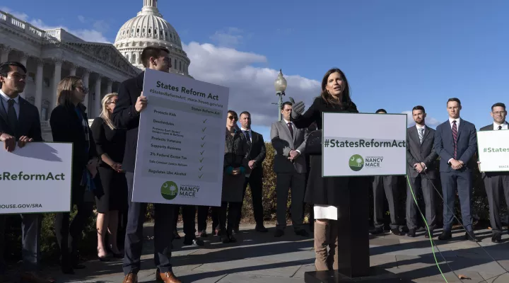 Rep. Nancy Mace, R-S.C., center, speaks during a news conference about a cannabis reform bill she introduced, Monday, Nov. 15, 2021, on Capitol Hill in Washington. (AP Photo/Jacquelyn Martin)