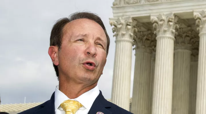 FILE - In this Sept. 9, 2019, file photo, Louisiana Attorney General Jeff Landry speaks in front of the U.S. Supreme Court in Washington. A second set of states has filed a federal lawsuit challenging the Biden administration's COVID-19 vaccine mandate for health care workers. The latest suit, dated Monday, Nov. 15, 2021 was filed in Louisiana on behalf of 12 states and comes less than a week after another lawsuit challenging the rule was filed in Missouri by a coalition of 10 states. "The federal governme…