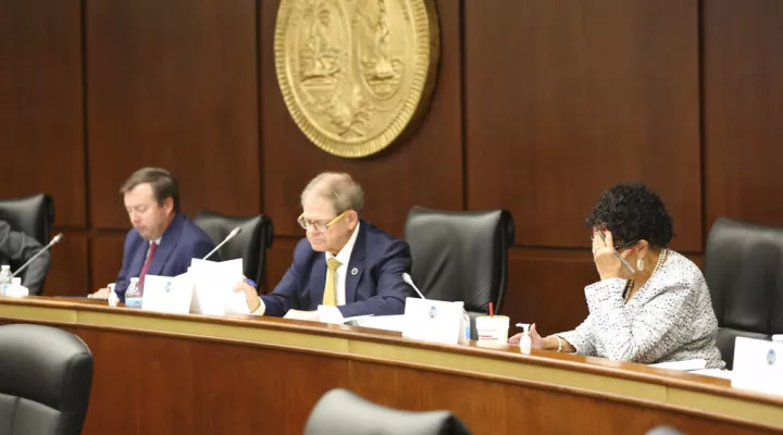 House redistricting committee chairman Jay Jordan, left, Rep. Weston Newton, center, and Rep. Pat Henegan, right, listen during a public hearing on Wednesday, Nov. 10, 2021, in Columbia, S.C. The proposed House map puts two incumbents together in five new House districts. (AP Photo/Jeffrey Collins)