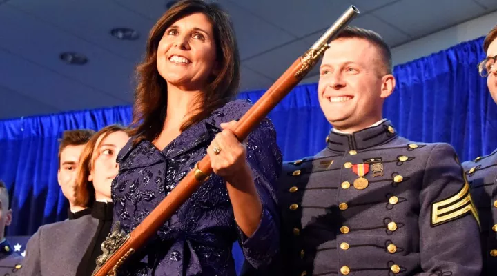 Former U.N. Ambassador Nikki Haley, a potential 2024 presidential contender and former South Carolina governor, receives the Nathan Hale Patriot Award from The Citadel Republican Societ, on Thursday, Dec. 2, 2021, in Charleston, S.C. (AP Photo/Meg Kinnard)