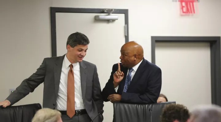 South Carolina Sens. Shane Massey, R-Edgefield, left, and Gerald Malloy, D-Hartsville, right, talk before a Senate Judiciary Committee meeting on redistricting on Monday, Dec. 6, 2021, in Columbia, S.C. The full Senate expects to take up the maps during this week's special session. (AP Photo/Jeffrey Collins)