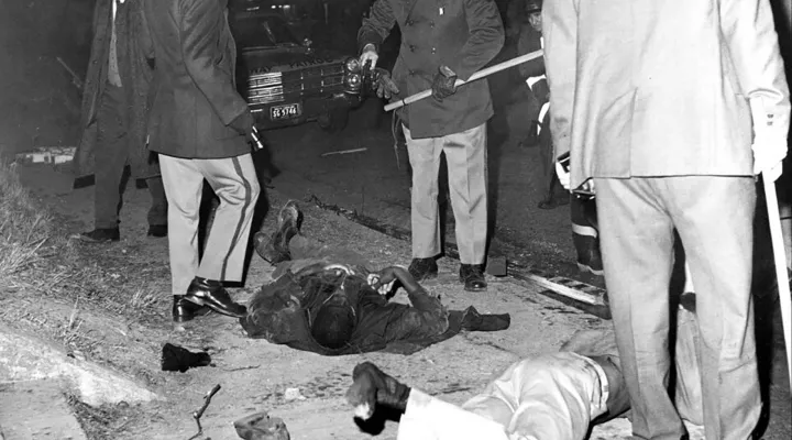 FILE - This file photo shows two black people killed in the "Orangeburg Massacre" at the edge of South Carolina State College in Orangeburg, S.C., on Thursday, Feb. 8, 1968. The killings are among the cases under review by the Justice Department's Cold Case Initiative, according to the agency's latest report to Congress. (AP Photo/File)