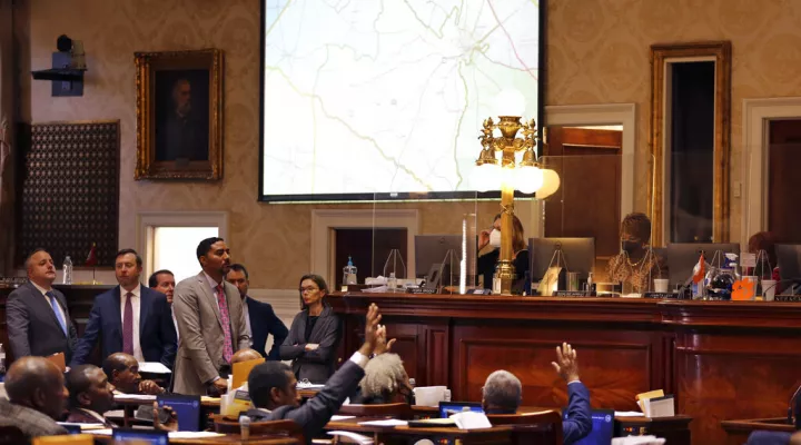 South Carolina House members look to see if there are enough votes to table an amendment during a redistricting debate on Thursday, Dec. 2, 2021, in Columbia, S.C. The House overwhelmingly approved its new district lines. (AP Photo/Jeffrey Collins)