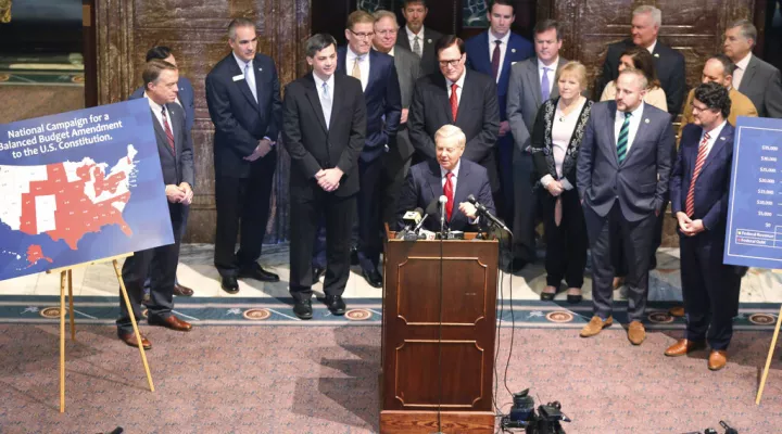 U.S. Sen. Lindsey Graham, R-S.C., speaks in support of South Carolina lawmakers passing a proposed constitutional amendment that would require the U.S. Congress to pass a balanced budget on Tuesday, Jan. 25, 2022, in Columbia, S.C. The proposal has support from Republican leaders in both chambers. (AP Photo/Jeffrey Collins)